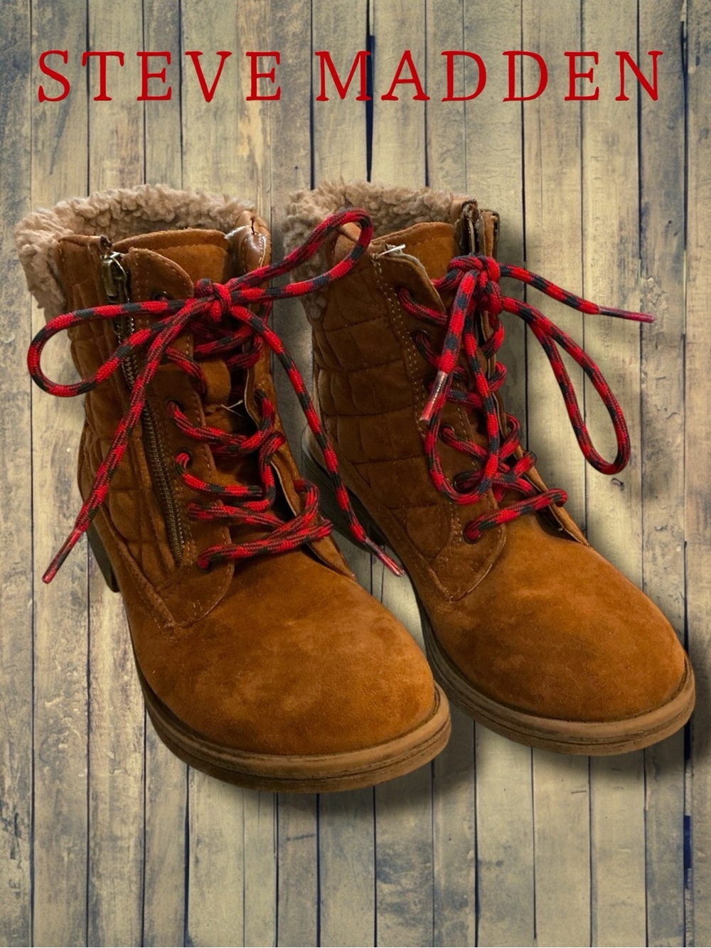 🌺Steve Madden Chestnut Suede Lace-Up Ankle Boots with Red-Black Laces